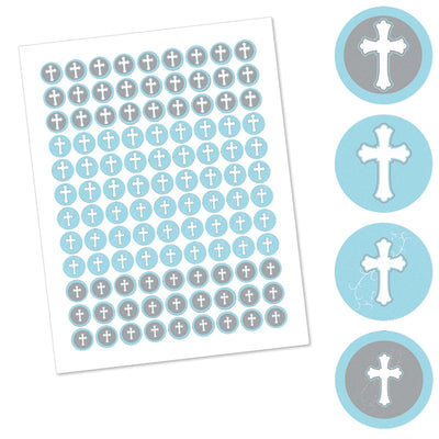 Little Miracle Boy Blue & Gray Cross - Round Candy Labels Party Favors - Fits Hershey's Kisses - 108 ct