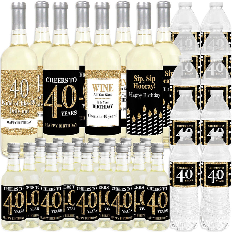 Adult 40th Birthday - Gold - Mini Wine Bottle Labels, Wine Bottle Labels and Water Bottle Labels - Birthday Party Decorations - Beverage Bar Kit - 34 Pieces