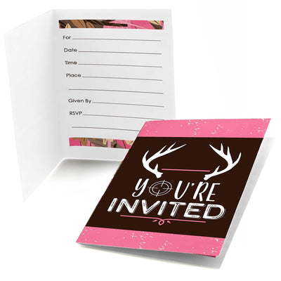 Pink Gone Hunting - Fill In Deer Hunting Girl Camo Party Invitations - 8 ct