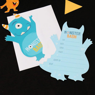 Monster Bash - Shaped Fill-In Invitations - Little Monster Birthday Party or Baby Shower Invitation Cards with Envelopes - Set of 12