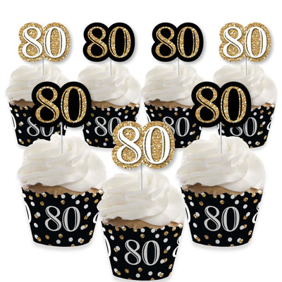 Adult 80th Birthday - Gold - Cupcake Decorations - Birthday Party Cupcake Wrappers and Treat Picks Kit - Set of 24