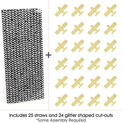 Gold Glitter Airplane Party Straws - No-Mess Real Gold Glitter Cut-Outs and Decorative Baby Shower or Birthday Party Paper Straws - Set of 24