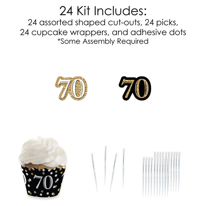 Adult 70th Birthday - Gold - Cupcake Decorations - Birthday Party Cupcake Wrappers and Treat Picks Kit - Set of 24