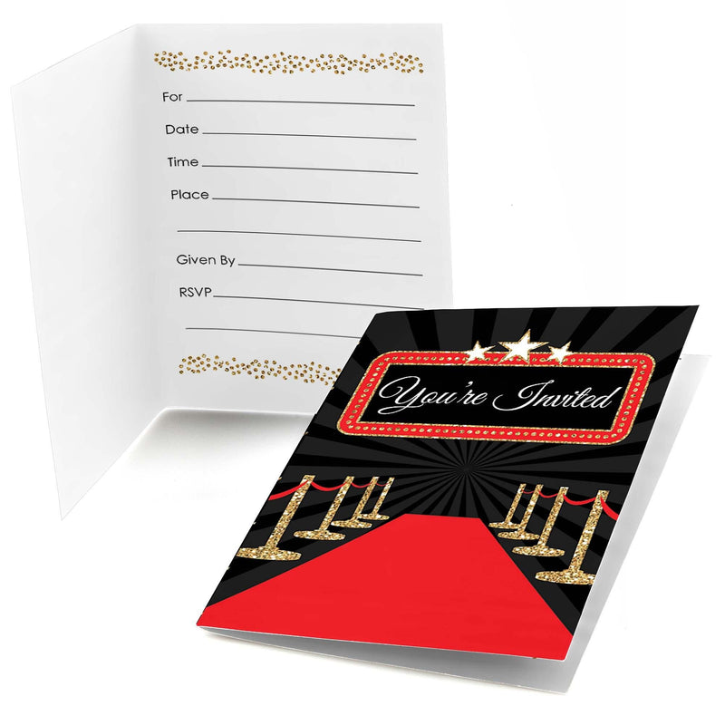 Red Carpet Hollywood - Set of 8 Fill In Movie Night Party Invitations