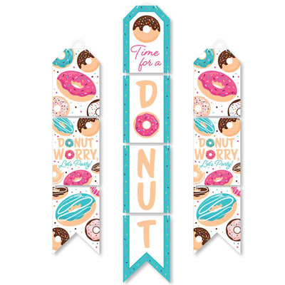 Donut Worry, Let's Party - Hanging Vertical Paper Door Banners - Doughnut Party Wall Decoration Kit - Indoor Door Decor