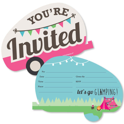 Let's Go Glamping - Shaped Fill-In Invitations - Camp Glamp Party or Birthday Party Invitation Cards with Envelopes - Set of 12