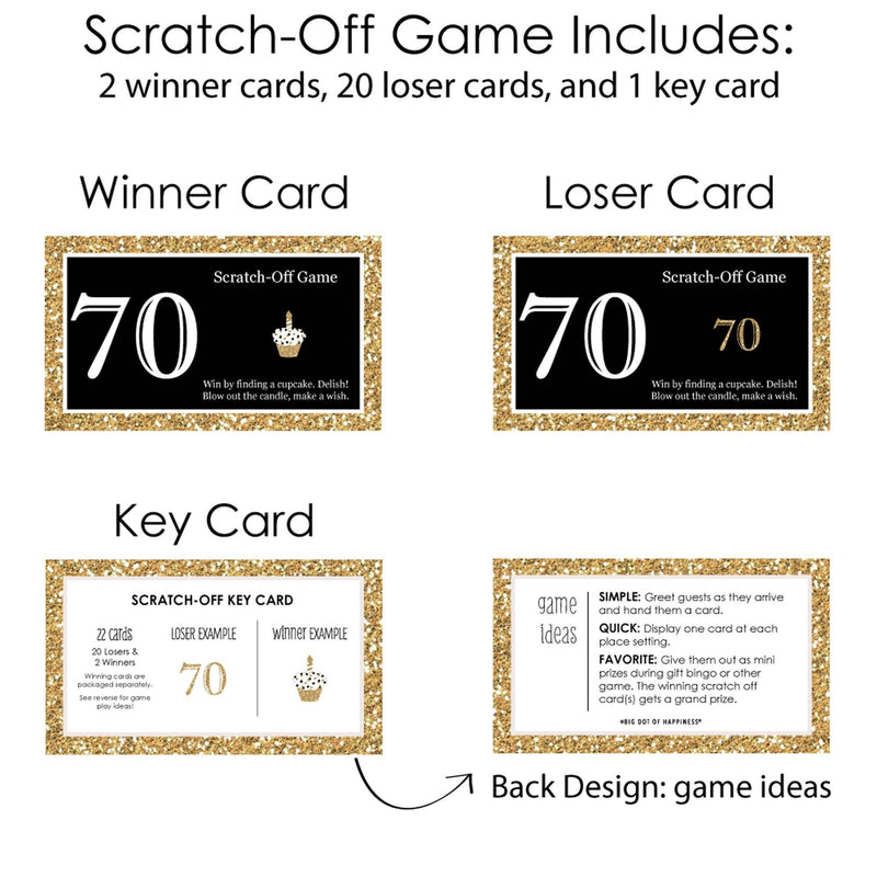 Adult 70th Birthday - Gold - Birthday Party Game Scratch Off Cards - 22 ct