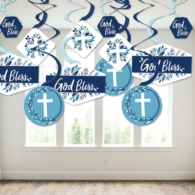 Blue Elegant Cross - Boy Religious Party Hanging Decor - Party Decoration Swirls - Set of 40