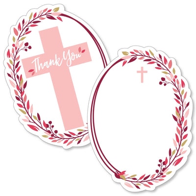 Pink Elegant Cross - Shaped Thank You Cards - Girl Religious Party Thank You Note Cards with Envelopes - Set of 12