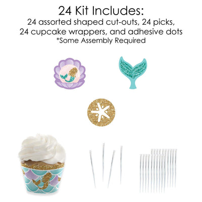 Let's Be Mermaids - Cupcake Decorations - Baby Shower or Birthday Party Cupcake Wrappers and Treat Picks Kit - Set of 24