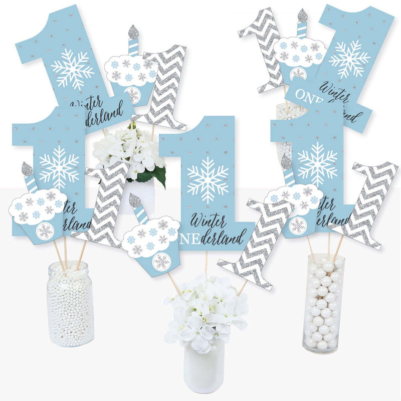 ONEderland - Snowflake Winter Wonderland First Birthday Party Centerpiece Sticks - Table Toppers - Set of 15