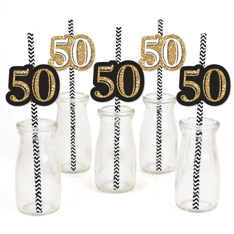 Adult 50th Birthday - Gold - Paper Straw Decor - Birthday Party Striped Decorative Straws - Set of 24