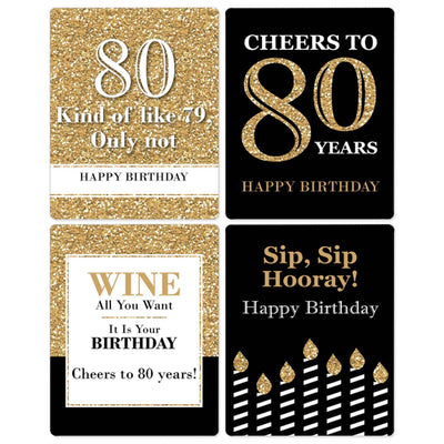 Adult 80th Birthday - Gold - Decorations for Women and Men - Wine Bottle Label Birthday Party Gift - Set of 4