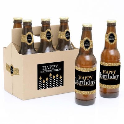 Adult Happy Birthday - Gold - Decorations for Women and Men - 6 Beer Bottle Labels and 1 Carrier - Birthday Gift