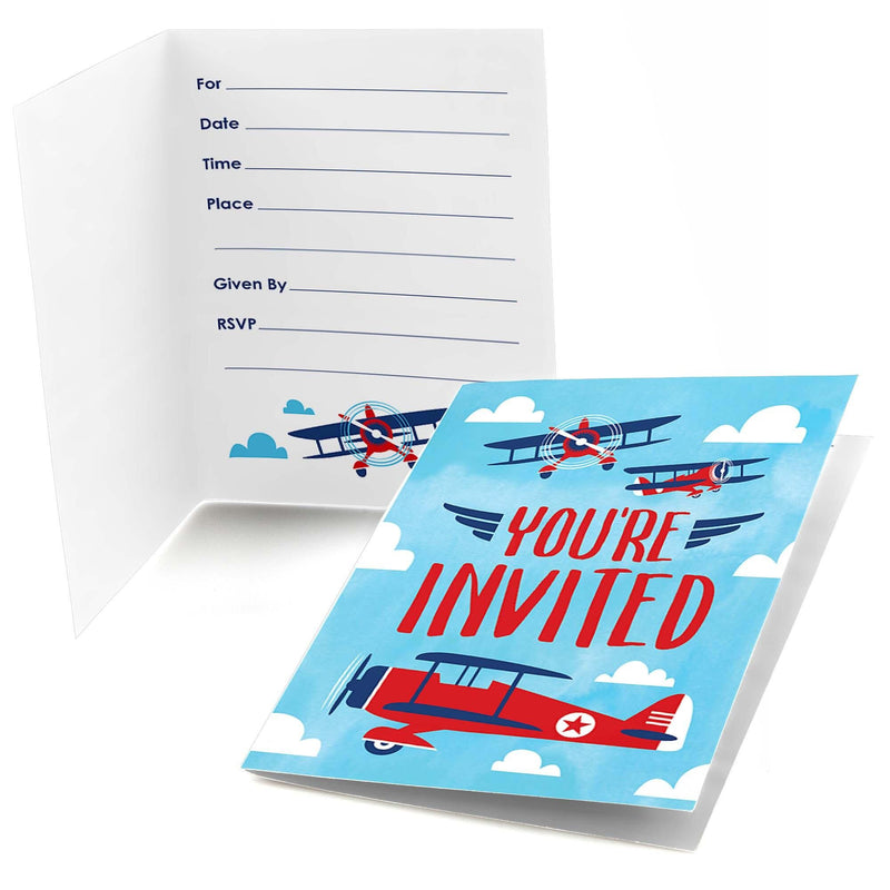 Taking Flight - Airplane - Fill In Vintage Plane Baby Shower or Birthday Party Invitations - 8 ct