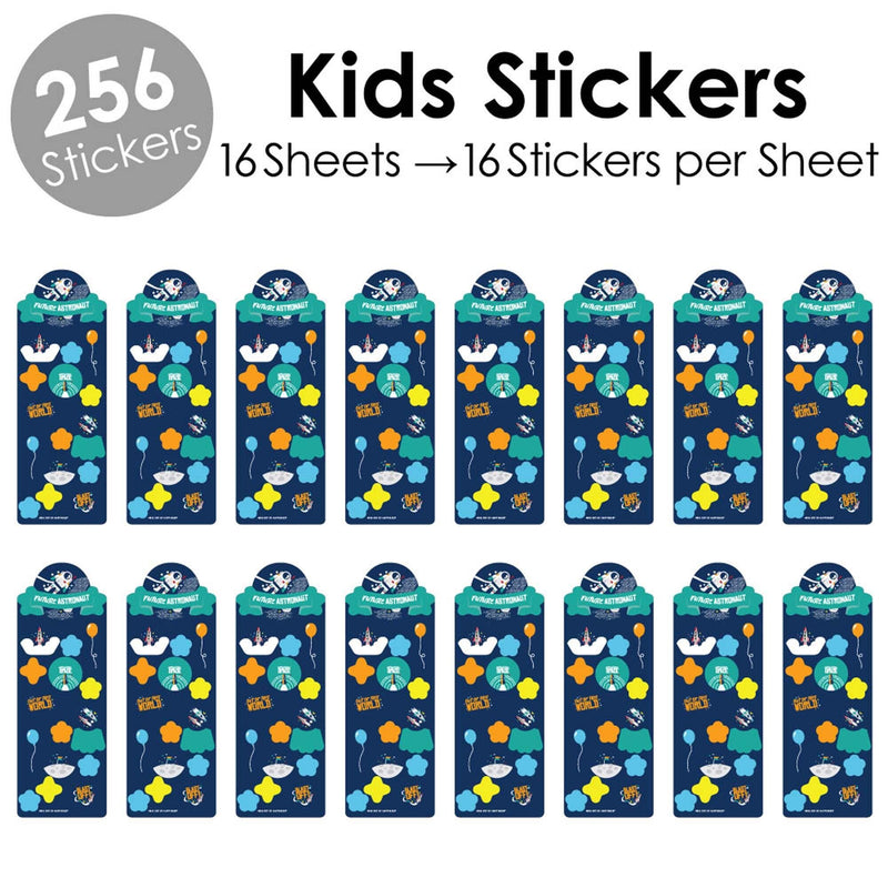 Blast Off to Outer Space - Rocket Ship Birthday Party Favor Kids Stickers - 16 Sheets - 256 Stickers