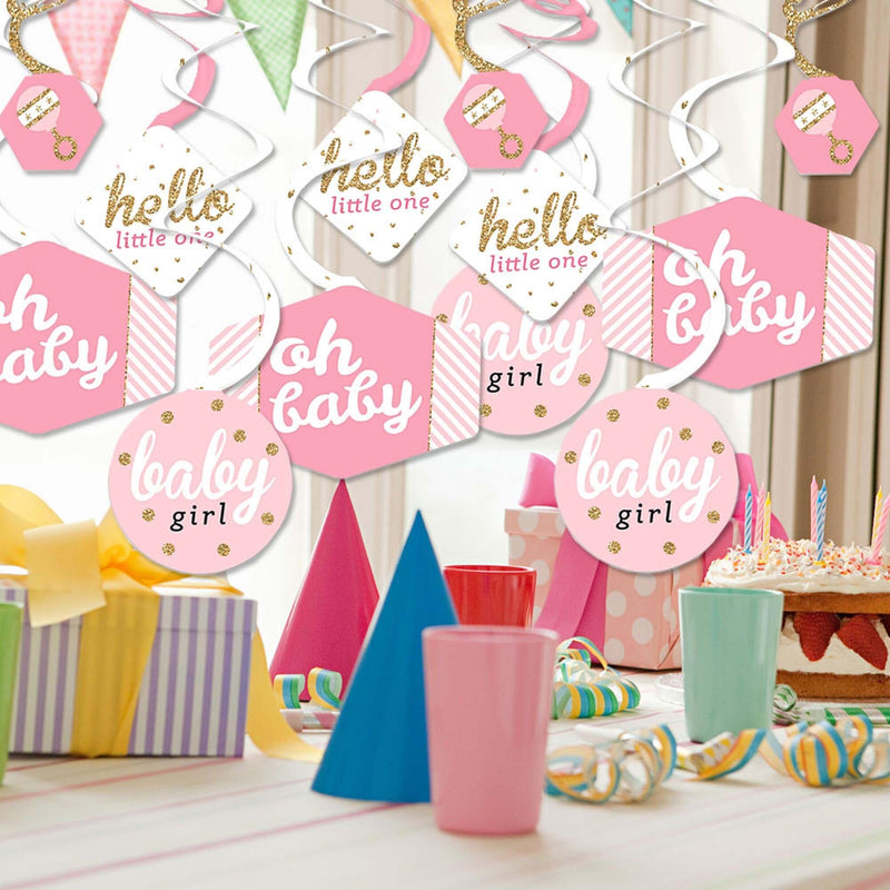 Hello Little One - Pink and Gold - Girl Baby Shower Hanging Decor - Party Decoration Swirls - Set of 40