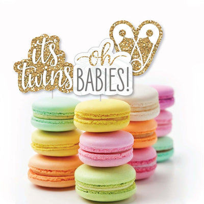 It's Twins - Dessert Cupcake Toppers - Gold Twins Baby Shower Clear Treat Picks - Set of 24