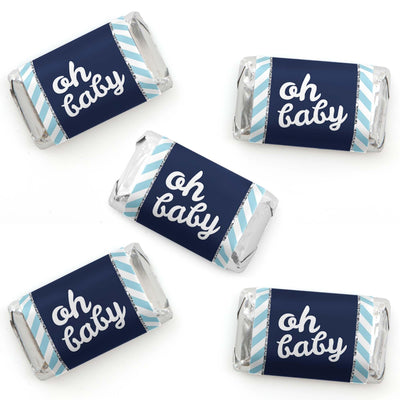 Hello Little One - Blue and Silver - Mini Candy Bar Wrapper Stickers - Boy Baby Shower Small Favors - 40 Count
