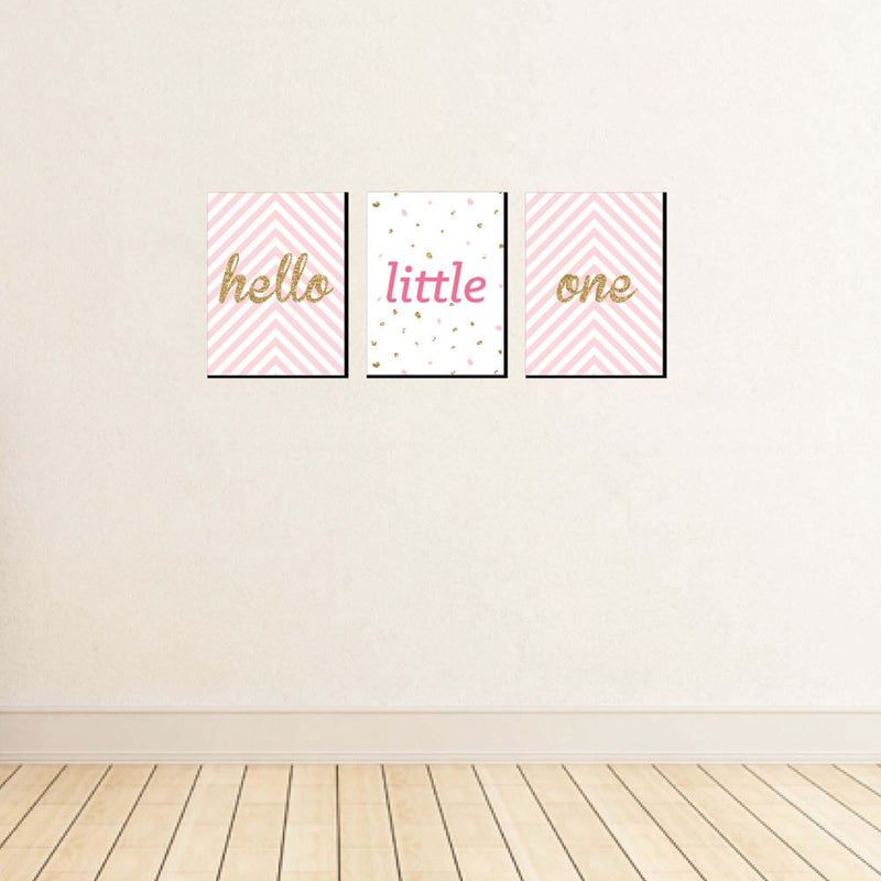 Hello Little One - Pink and Gold - Baby Girl Nursery Wall Art and Kids Room Decor - 7.5 x 10 inches - Set of 3 Prints