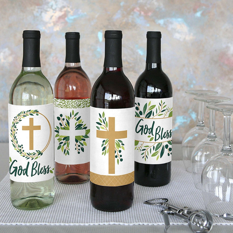 Elegant Cross - Religious Party Decorations for Women and Men - Wine Bottle Label Stickers - Set of 4