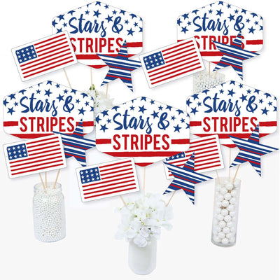 Stars & Stripes - Memorial Day, 4th of July and Labor Day USA Patriotic Party Centerpiece Sticks - Table Toppers - Set of 15