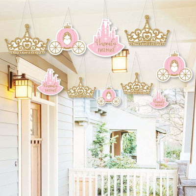 Hanging Little Princess Crown - Outdoor Pink and Gold Princess Baby Shower or Birthday Party Hanging Porch & Tree Yard Decorations - 10 Pieces