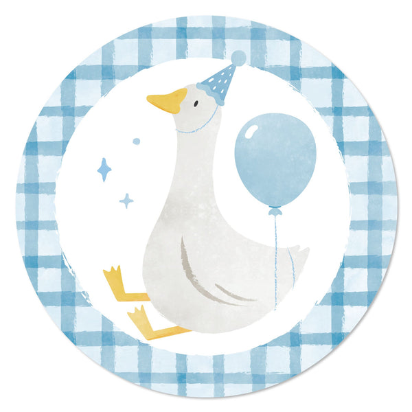 One Silly Goose blue birthday party supplies and decorations including personalized banners, goose party favors, and custom decorations for a boy's first birthday
