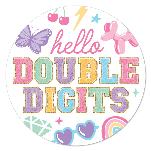 Preppy girl 10th birthday party supplies featuring pastel colors varsity double digits details disco balls smiley faces and bows with custom banner napkins and coordinating girl birthday decorations