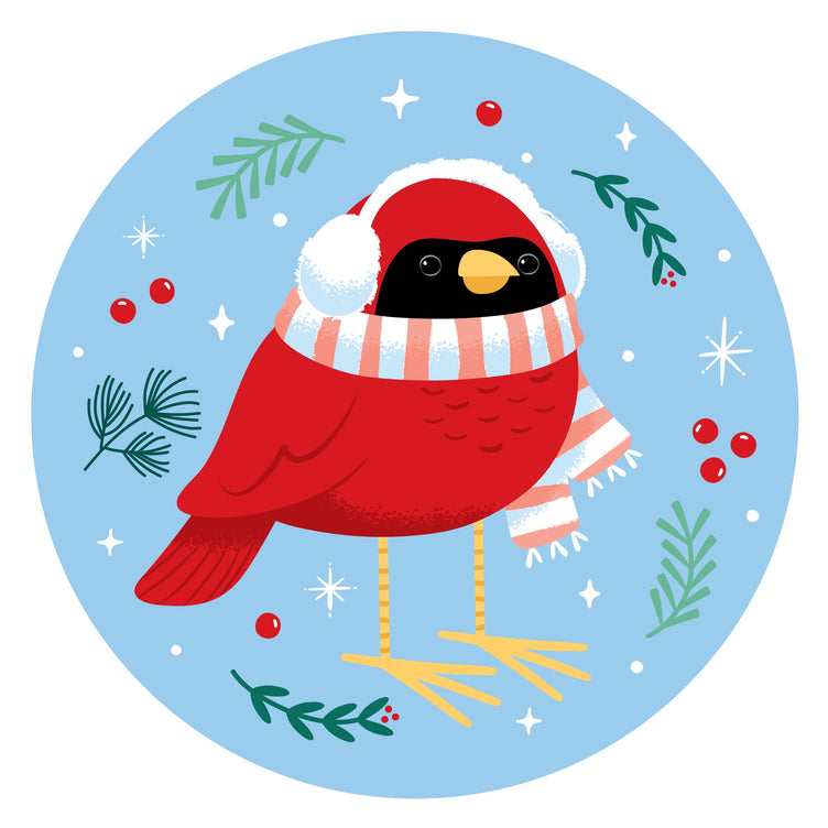 Winter Birds Christmas collection featuring cardinals and blue jays in scarves and hats with custom wrapping paper personalized wine bags gift tags and bird Christmas tree ornaments