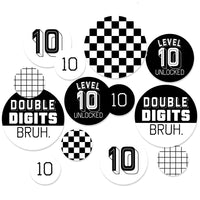 10th Birthday Bruh confetti circles black white table decor