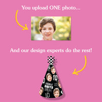 Promotional graphic for a personalized party hat design service with a pink background and text.
