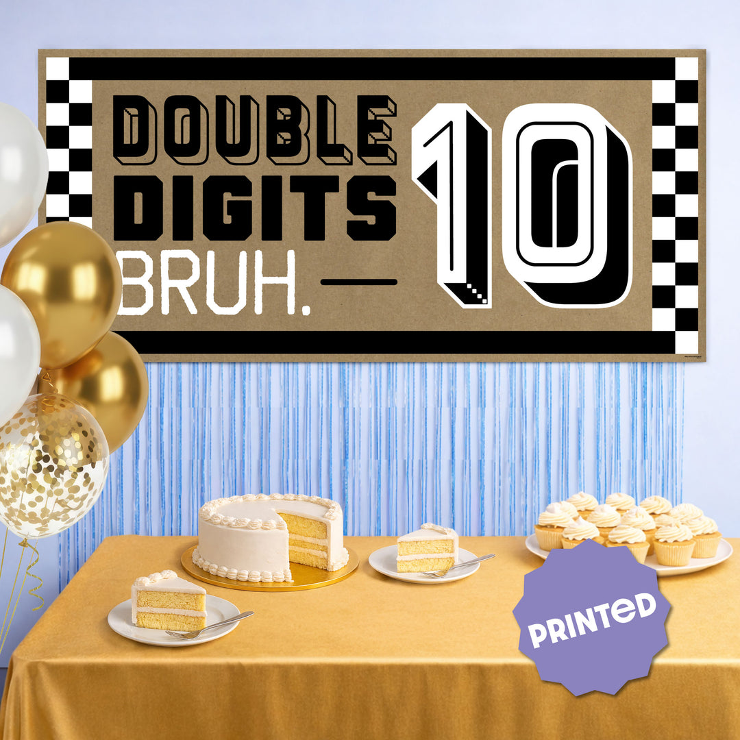 kraft banner styled behind dessert table 10th birthday