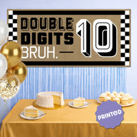 kraft banner styled behind dessert table 10th birthday