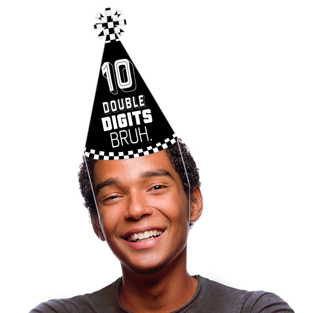 Person wearing a party hat with text on a white background
