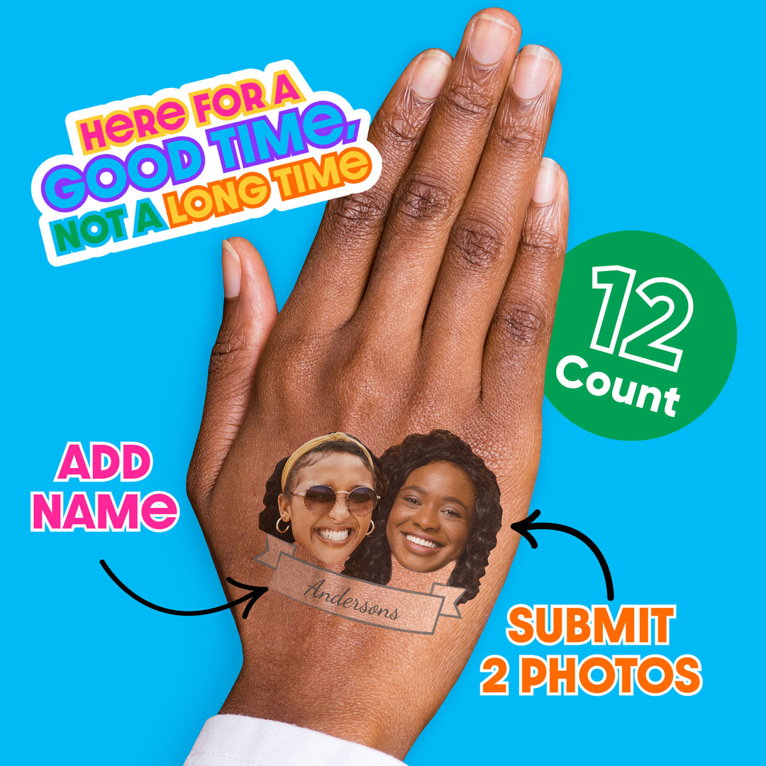 Custom Double Fun Face Temporary Tattoos With Text - 12 Ct