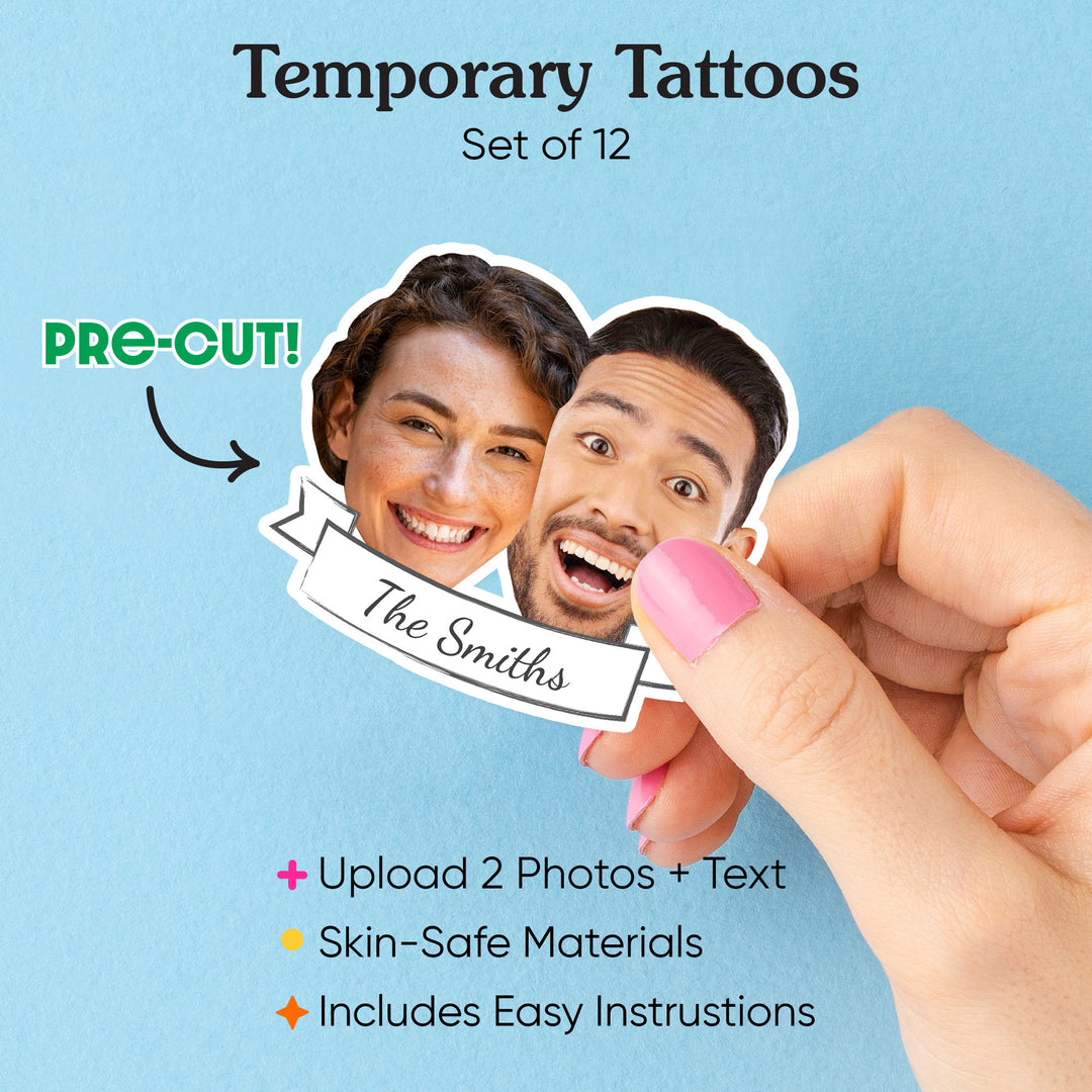 Custom Double Fun Face Temporary Tattoos With Text - 12 Ct