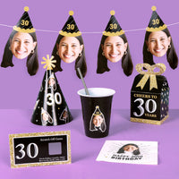 Birthday party decorations with photo booth hats, cup, and scratch-off game on a purple background