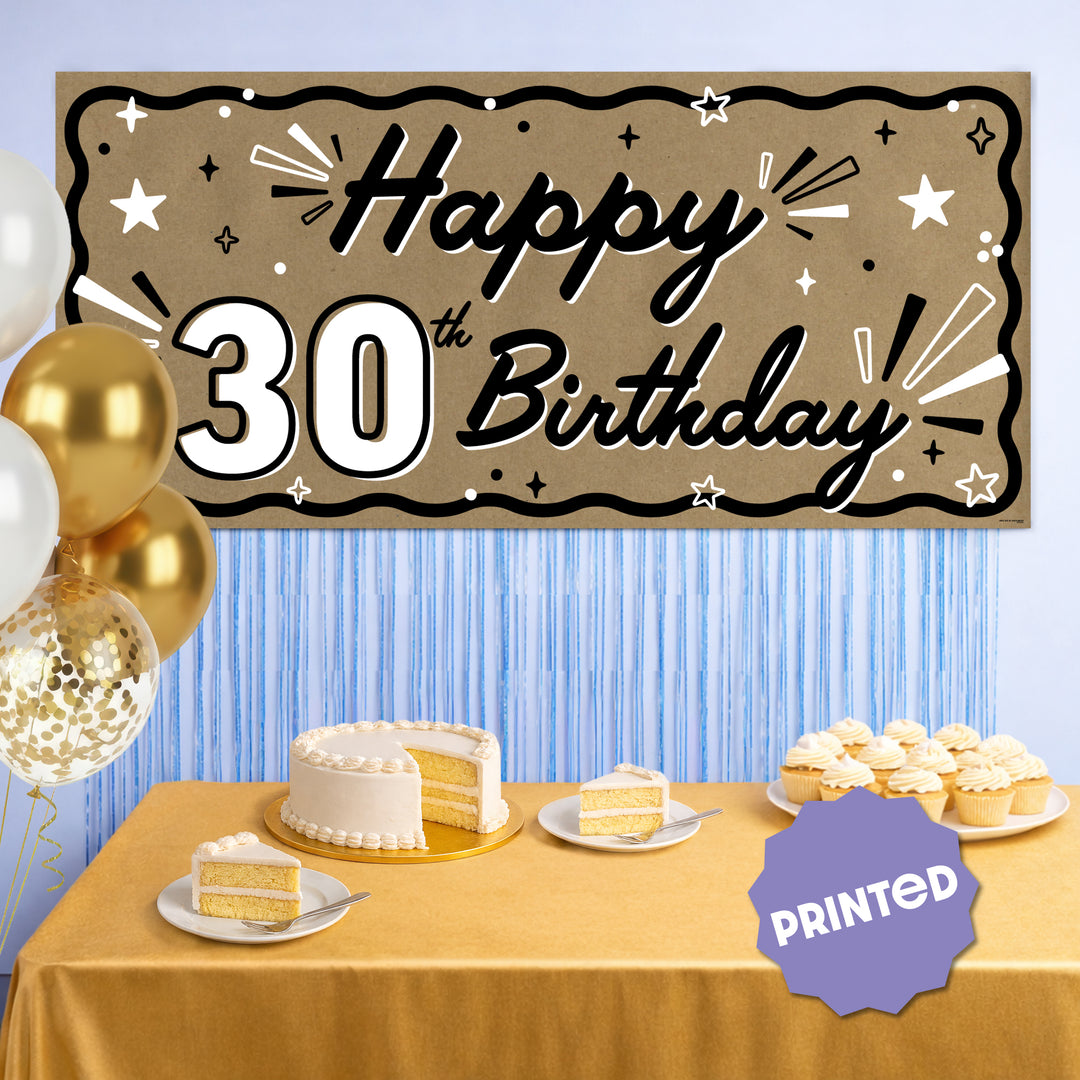 30th birthday party backdrop with kraft paper banner