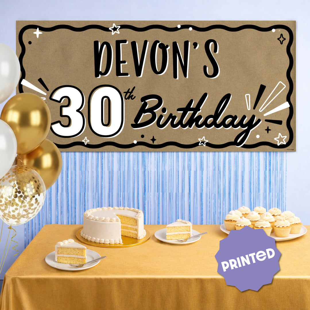 30th birthday party backdrop over dessert table