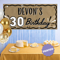 30th birthday party backdrop over dessert table