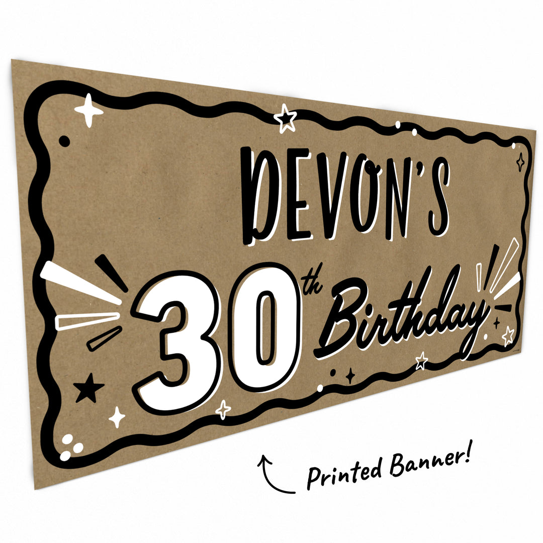 30th Birthday script and bold 30th design close-up on kraft paper