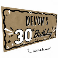 30th Birthday script and bold 30th design close-up on kraft paper