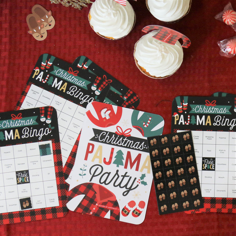 Christmas Pajamas - Bingo Cards and Markers - Holiday Plaid PJ Party Bingo Game - Set of 18