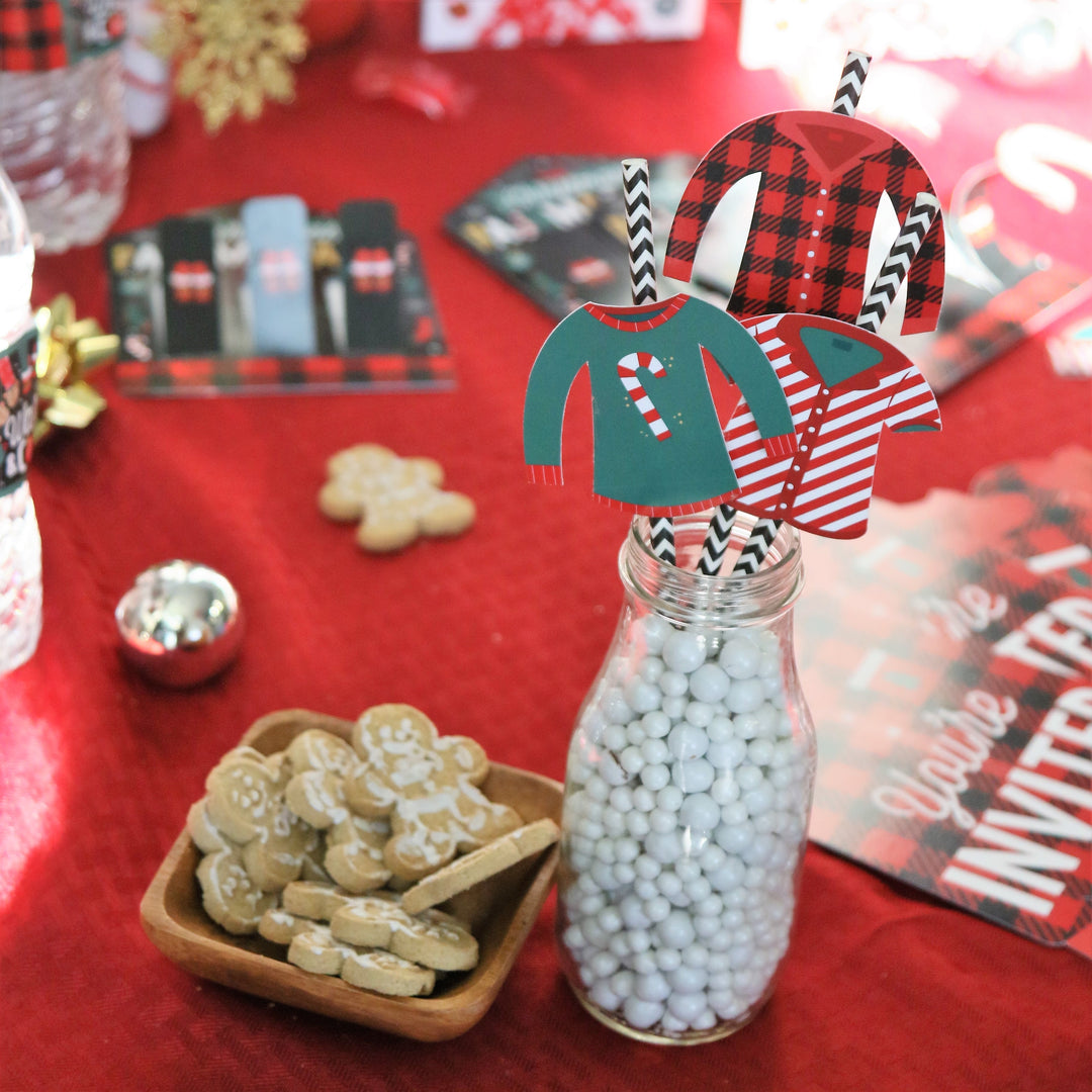 Christmas Pajamas - Paper Straw Decor - Holiday Plaid PJ Party Striped Decorative Straws - Set of 24