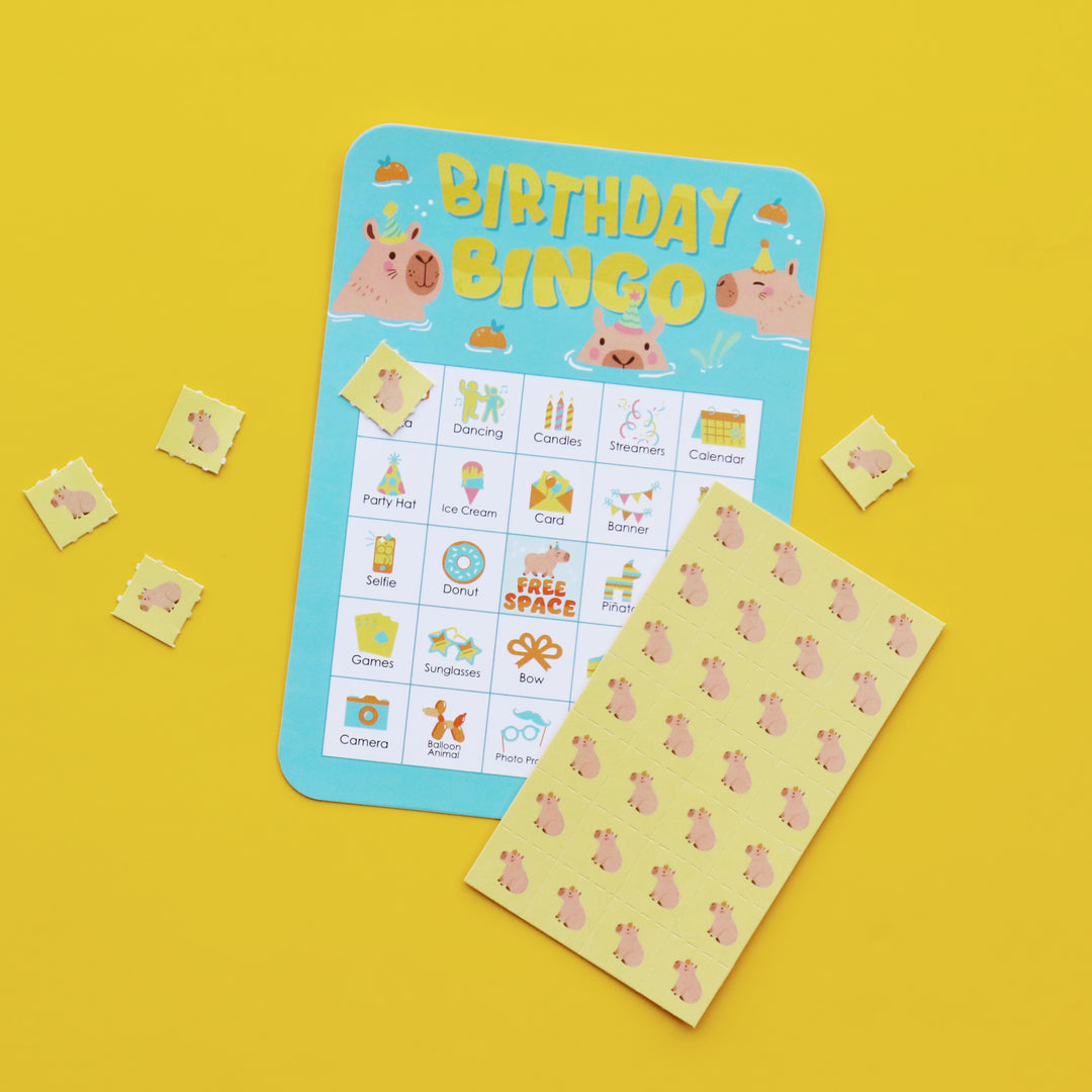 Capy Birthday - Picture Bingo Cards and Markers - Capybara Party Bingo Game - Set of 18