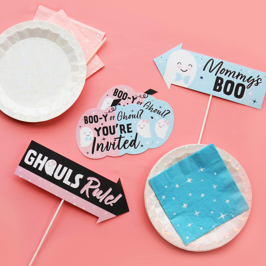 Funny Boo-y or Ghoul - Halloween Gender Reveal Party Photo Booth Props Kit - 10 Piece
