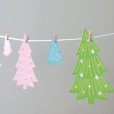 Merry and Bright Trees - Colorful Whimsical Christmas Party DIY Decorations - Clothespin Garland Banner - 44 Pieces