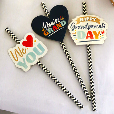 Happy Grandparents Day - Paper Straw Decor - Grandma & Grandpa Party Striped Decorative Straws - Set of 24