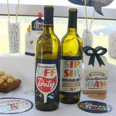 Happy Grandparents Day - Grandma & Grandpa Party Decorations for Women and Men - Wine Bottle Label Stickers - Set of 4